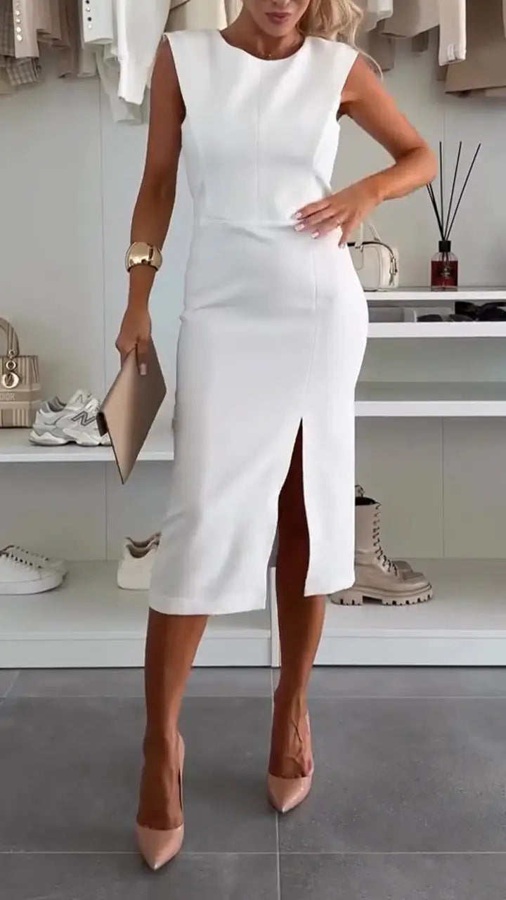 Valenzora | Elegantes Schlitz-Kleid mit gerafftem Rundhals und Wickelrock – 3 Farben