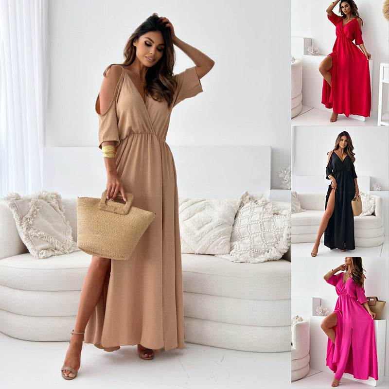 Valenzora | Satin Strappy Lace V-Neck Long Dress