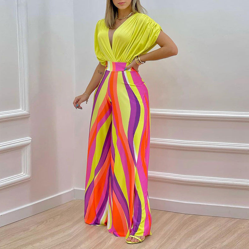 Damen-Jumpsuit mit tiefem V-Ausschnitt und weitem Bein, Größe