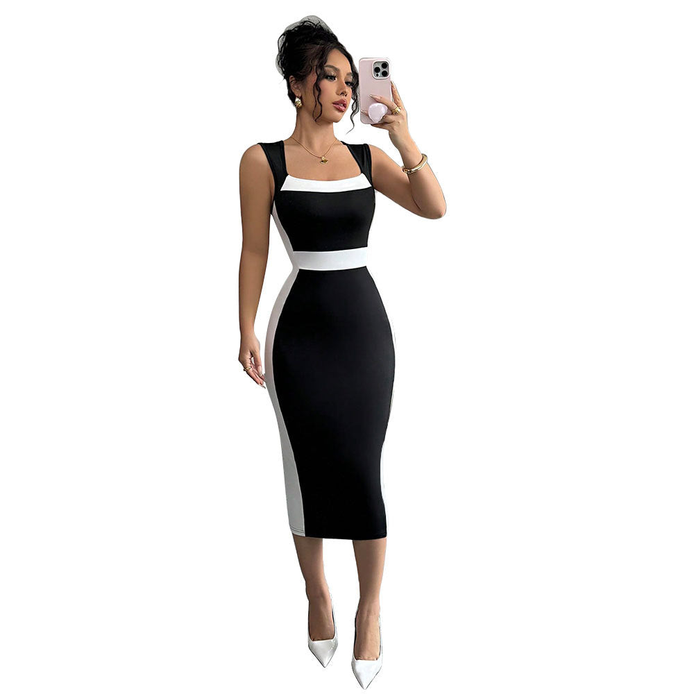 Women's figure-hugging midi dress with elegant color contrast and chic neckline, size [size missing]