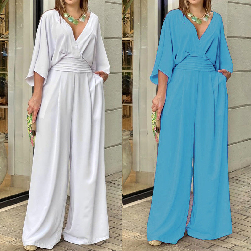 Eleganter Damen-Overall mit weitem Bein und Wickeloberteil, Größe