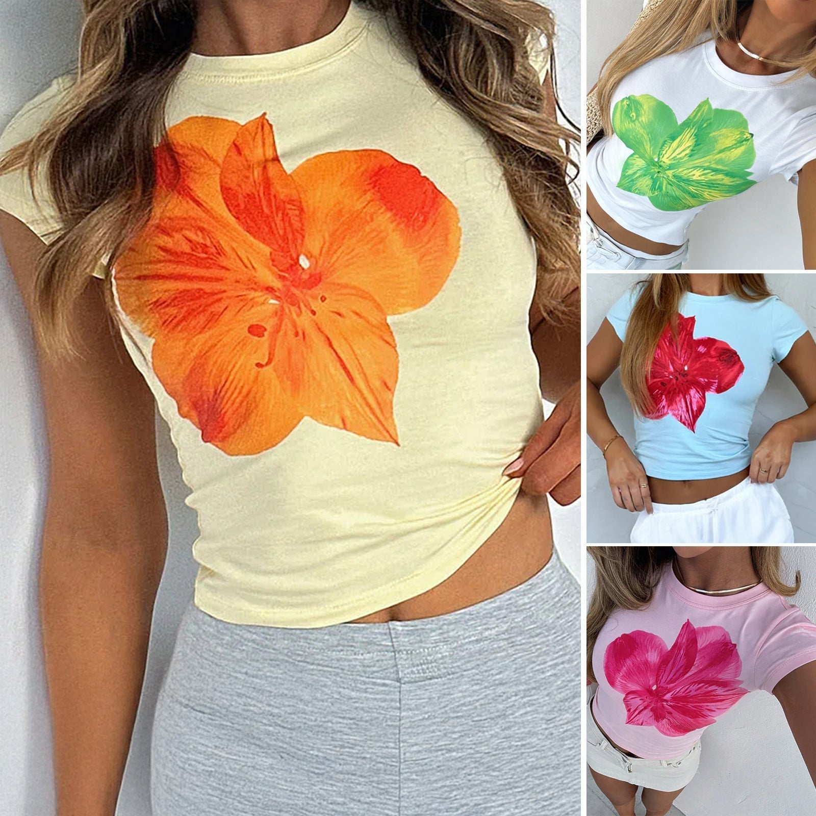 Women's T-shirt with floral print and short cut, size