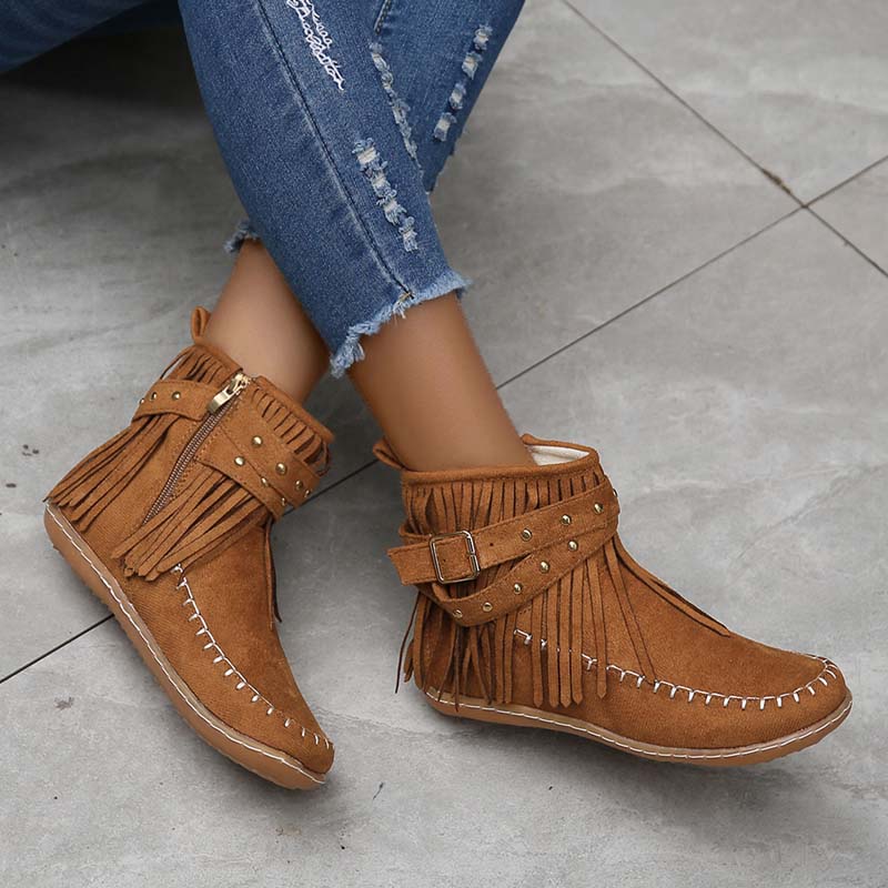 Valenzora | Boho-Stiefeletten mit Fransen und Schnallen für Damen