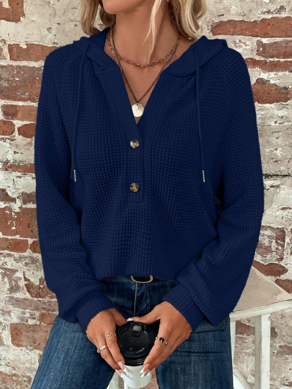 Damen Cropped Hoodie aus strukturiertem Stoff mit dekorativen Knöpfen, Größe S