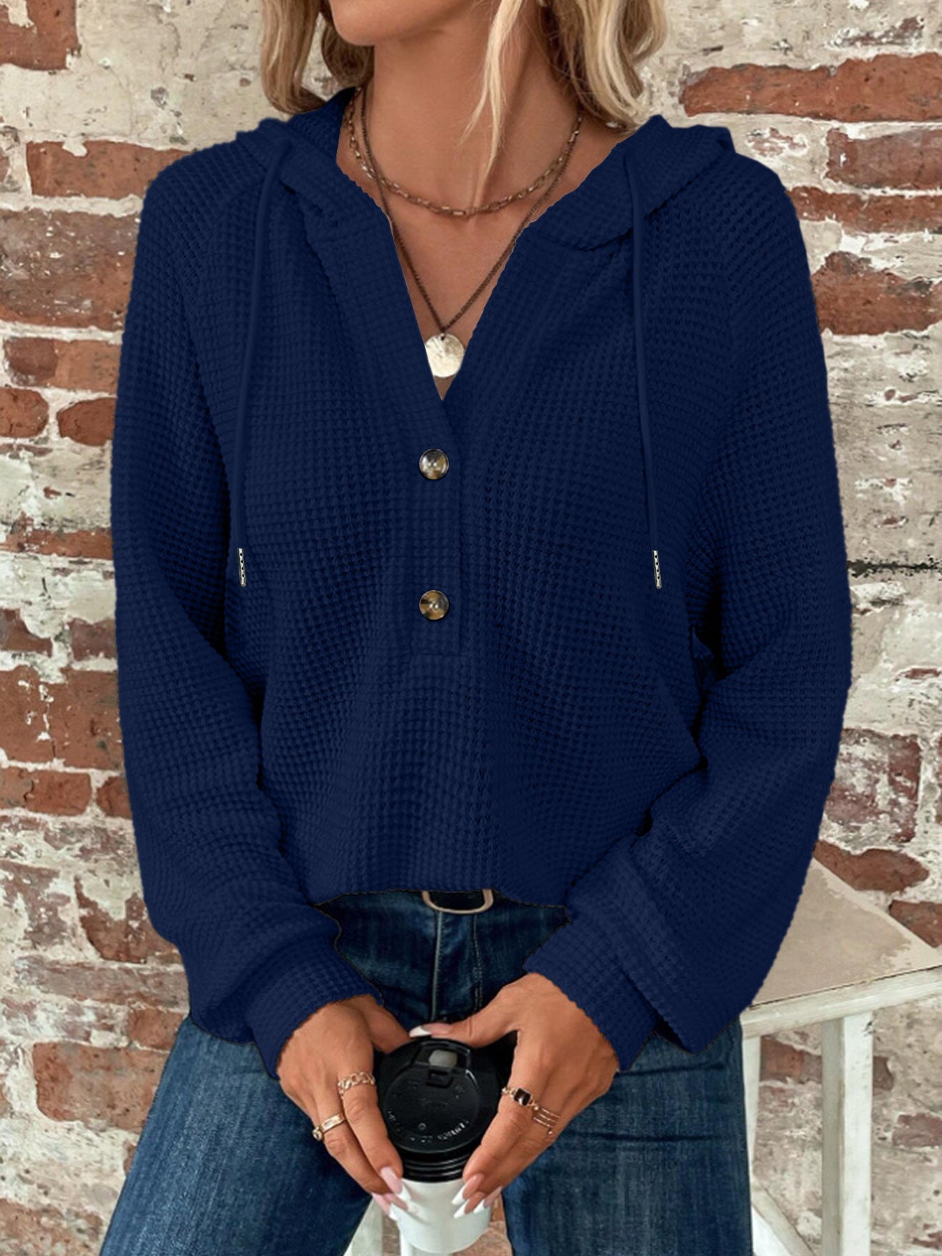 Damen Cropped Hoodie aus strukturiertem Stoff mit dekorativen Knöpfen, Größe S