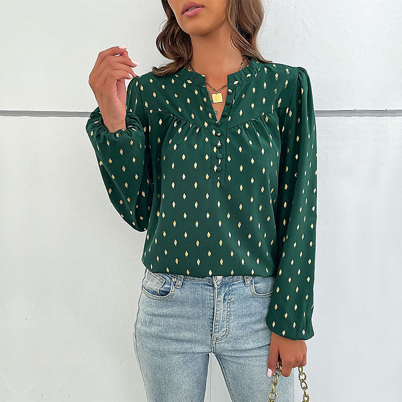 Women's blouse with decorative buttons and elegant ruching, size