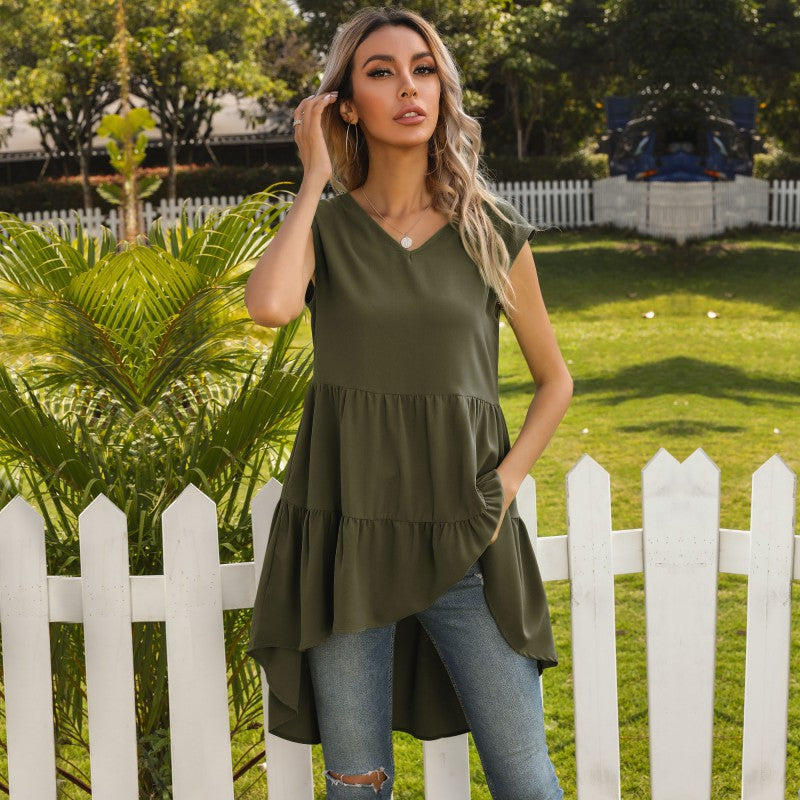 Women's Sleeveless Tunic Dress with Asymmetrical Hem and Chic Ruffle Drune