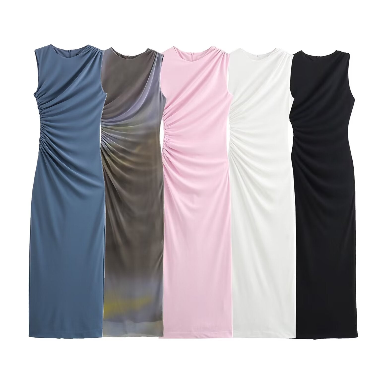 ValenzoraMODE | Solid Color Round Neck Sleeveless Pleated Slim Fit Dress