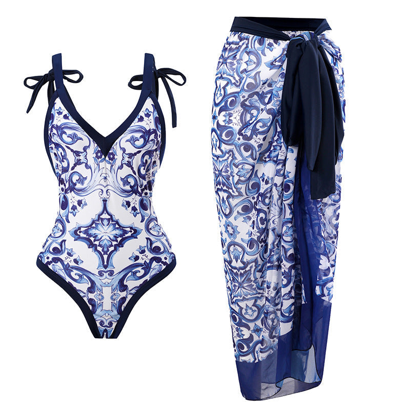 Women's beach pareo with elegant floral design and adjustable tie belt, size S