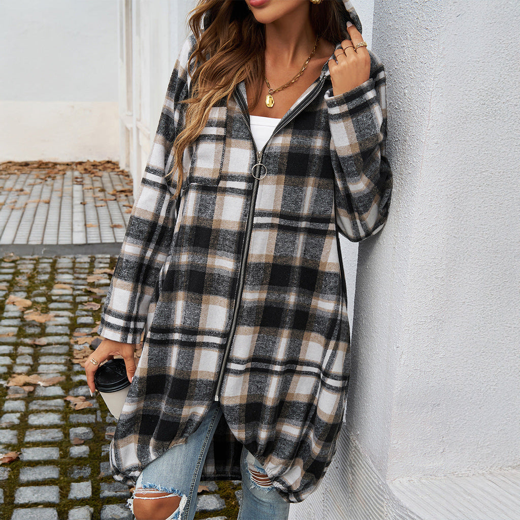 Damen karierte lange Jacke mit Kapuze und Taschen, Größe