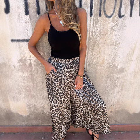 Women's wide-leg palazzo pants with leopard print, size