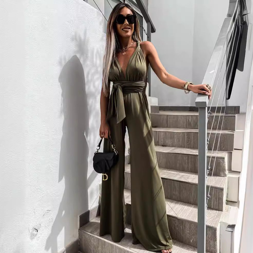 Valenzora | Sleeveless Solid Color Waist Belt Jumpsuit