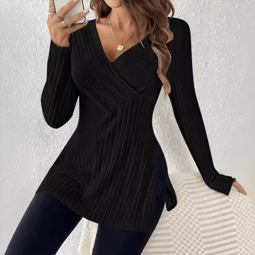 Elegantes Damen-Wickelshirt mit langen Ärmeln und gerippter Struktur, Größe