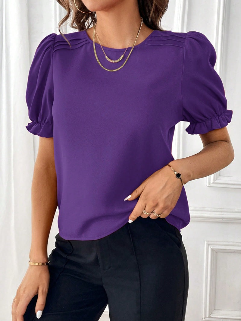 Valenzora Pure-Color Round Neck Shirt Top with Temperament
