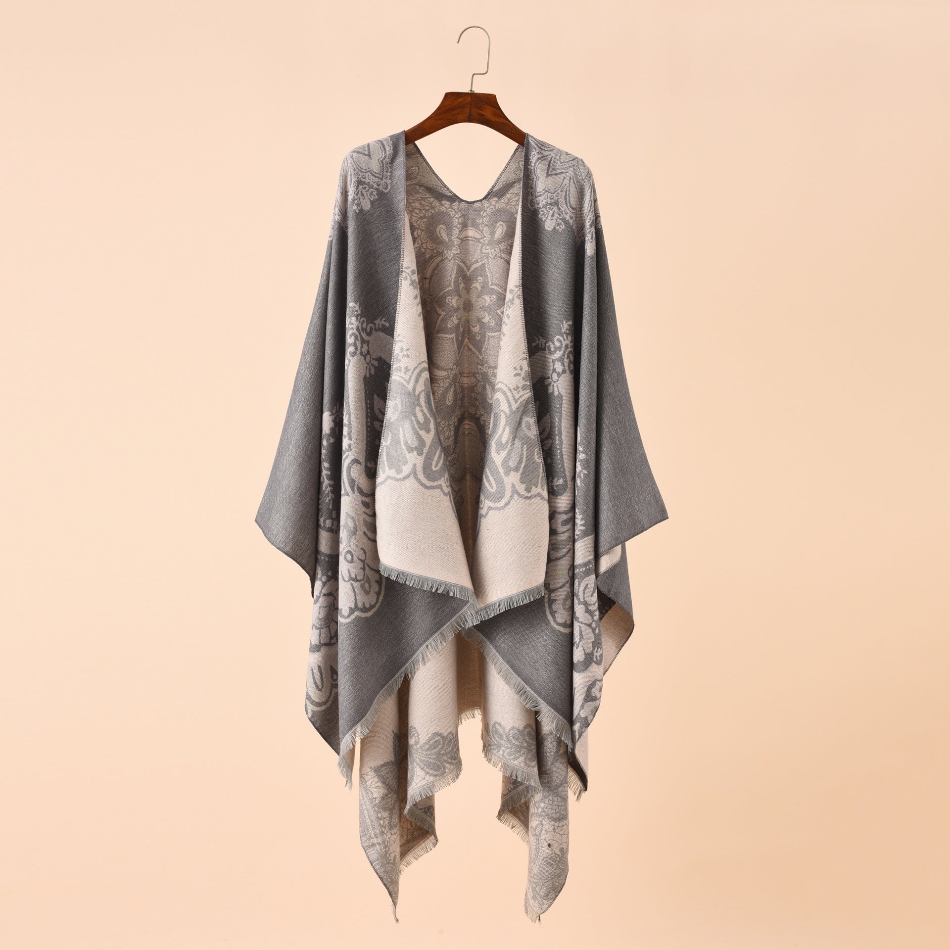 Women's Elegant Kimono Poncho with Artful Pattern and Fringed Edges Valenzora