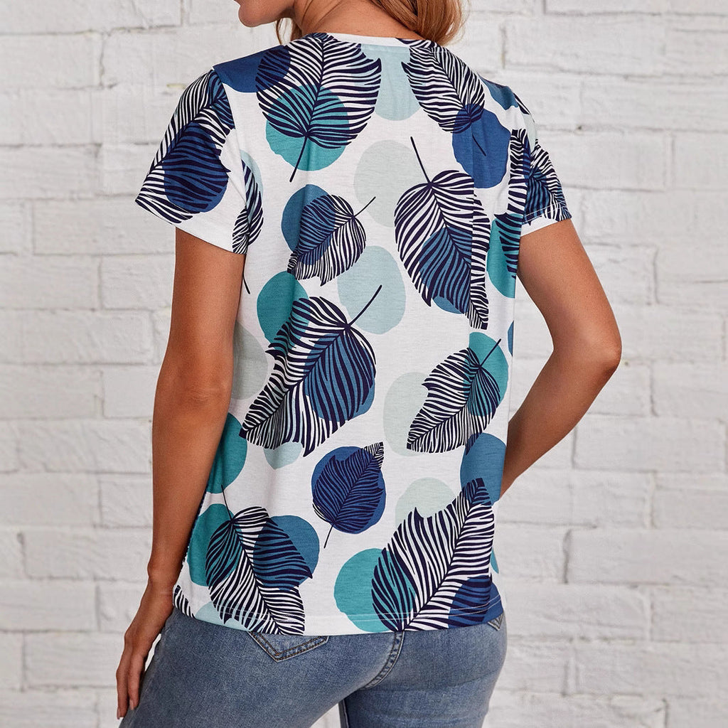 Women's T-shirt with elegant leaf print and casual cut, size S