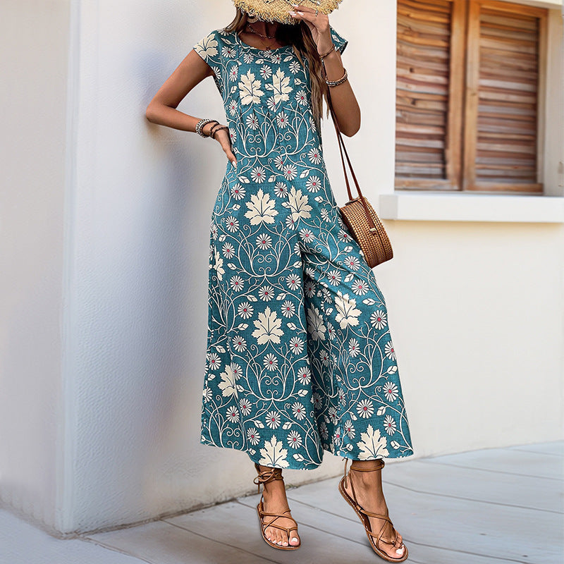 Women's jumpsuit with floral design and chestnut brown tie belt, size