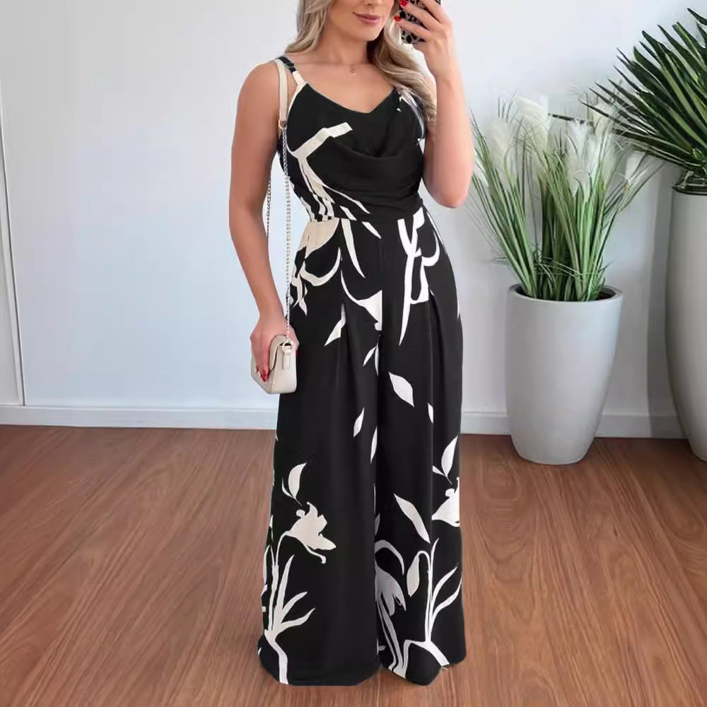 Women's elegant jumpsuit with flowing fabric and fashionable floral pattern, size [size]