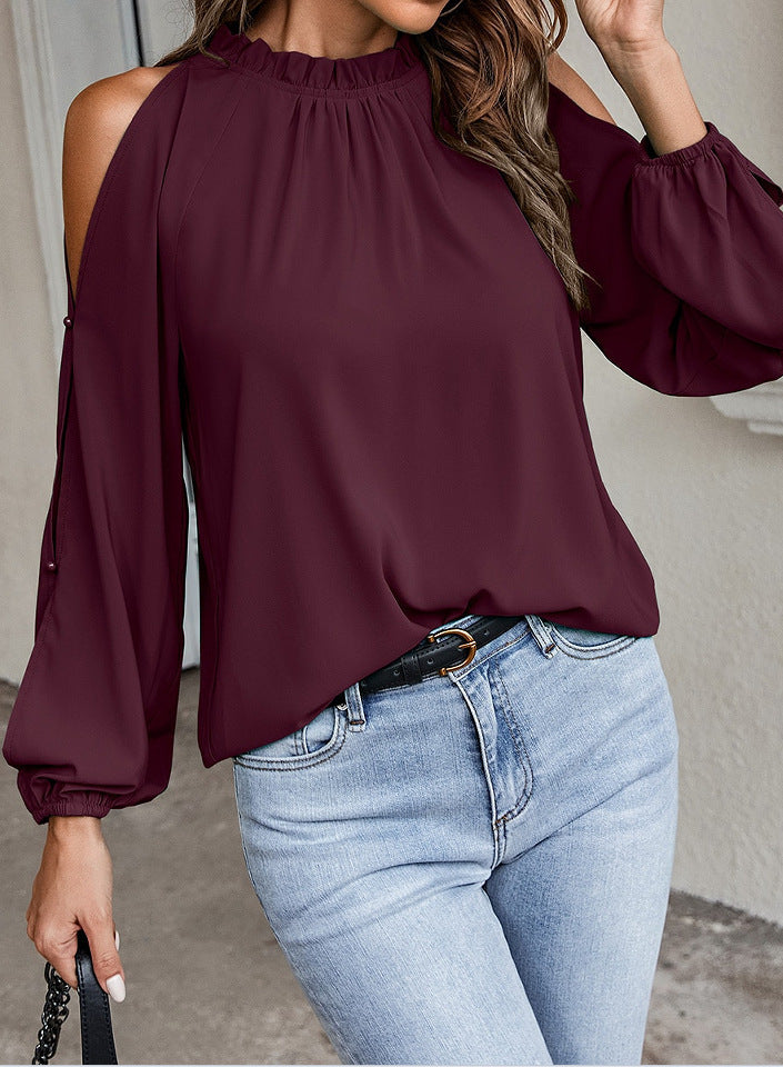 Schickes Damen-Oberteil mit Carmen-Ausschnitt und eleganten Rüschendetails, Größe [Größe]