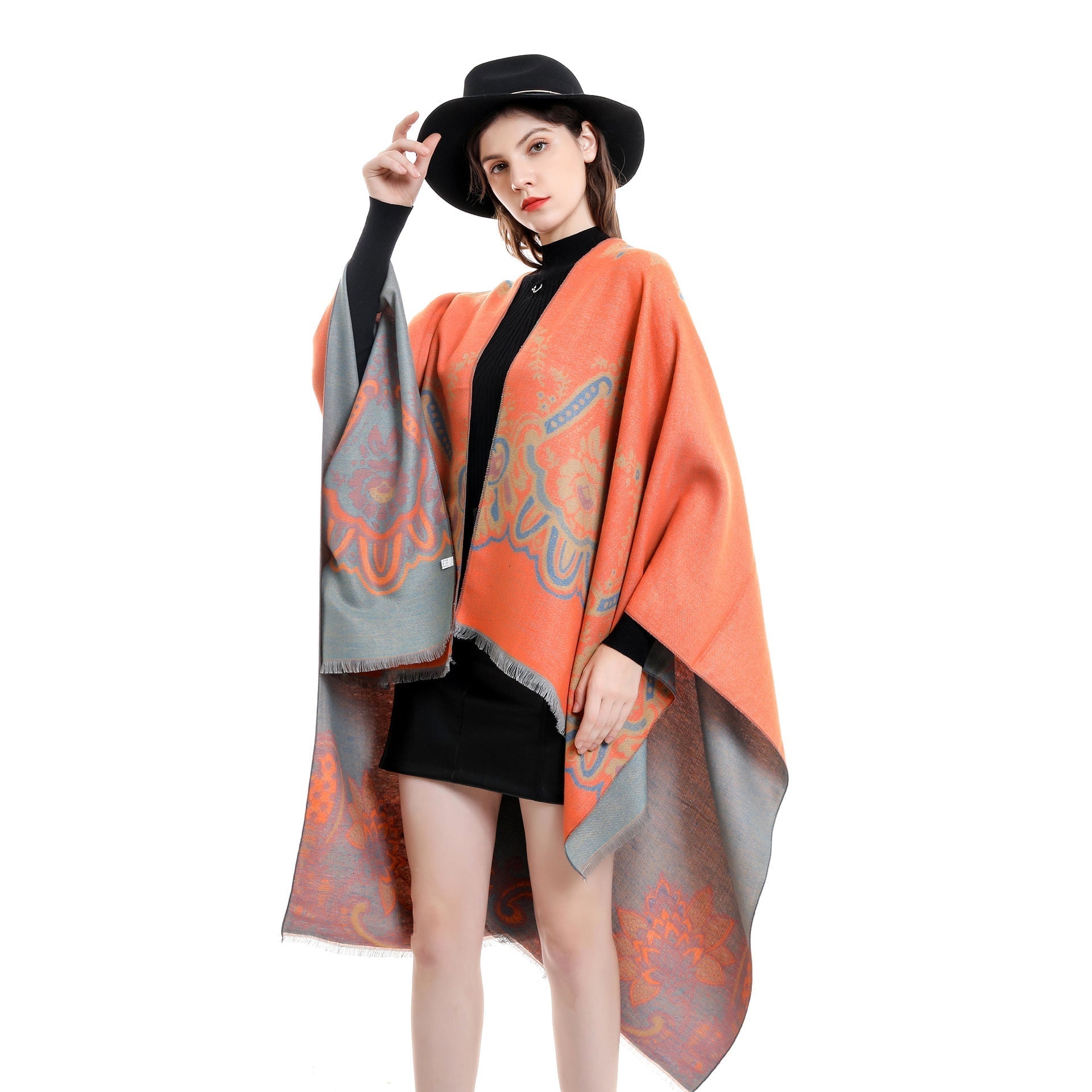 Women's Elegant Kimono Poncho with Artful Pattern and Fringed Edges Valenzora