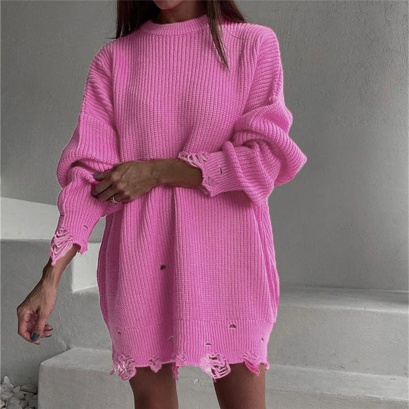 Valenzora Gerissenes Oversize-Strickkleid mit Rundhalsausschnitt