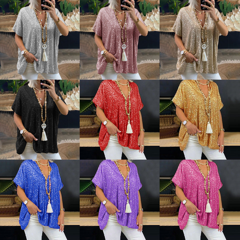 Women's sparkling top with an elegant V-neck and a relaxed fit, size [size]
