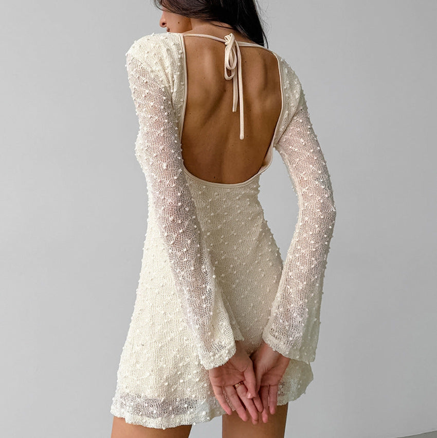 Valenzora | Jacquard Mini Dress, Fitted Silhouette, Round Neck, Long Sleeves, Backless, With Bow