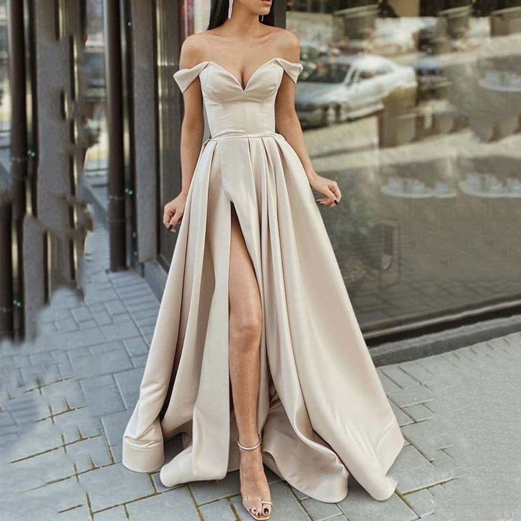 Valenzora | V-neck, back cutout, flared slit, long dress