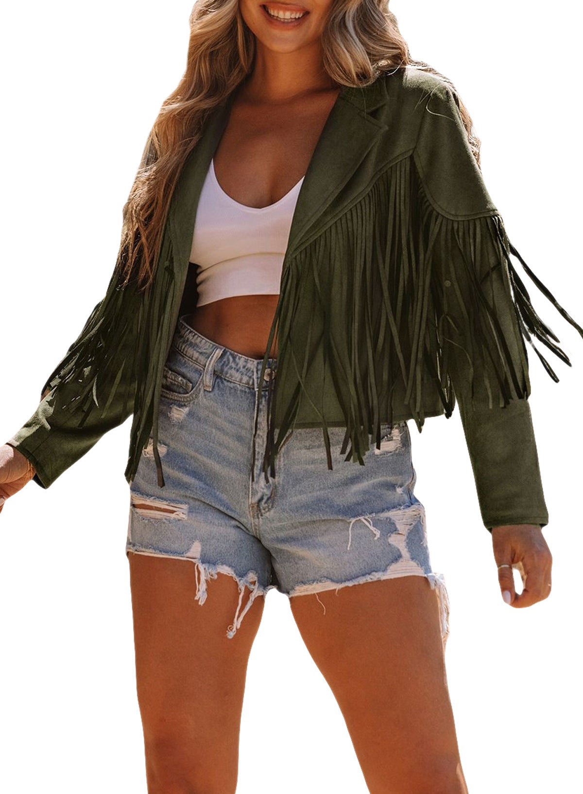 Women's fringed jacket made of high-quality suede blend, size Valenzora