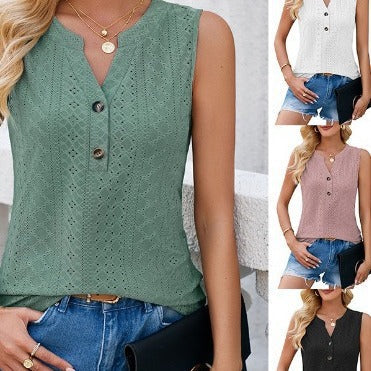 Damen-Ärmellose-Bluse mit Knopfdetails und feinem Lochmuster, Größe S