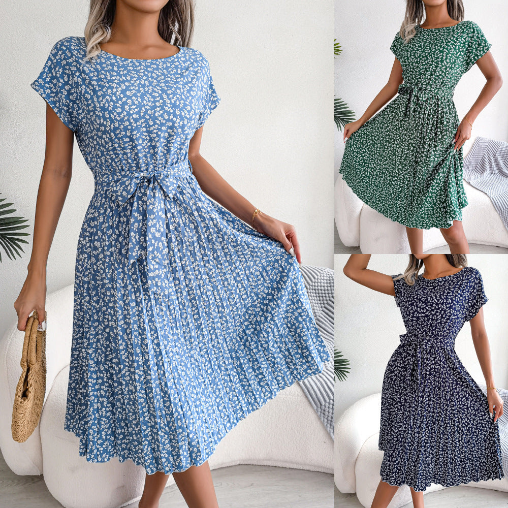 Valenzora | Spring Casual Short Sleeve Floral Large Swing Pleated Skirt