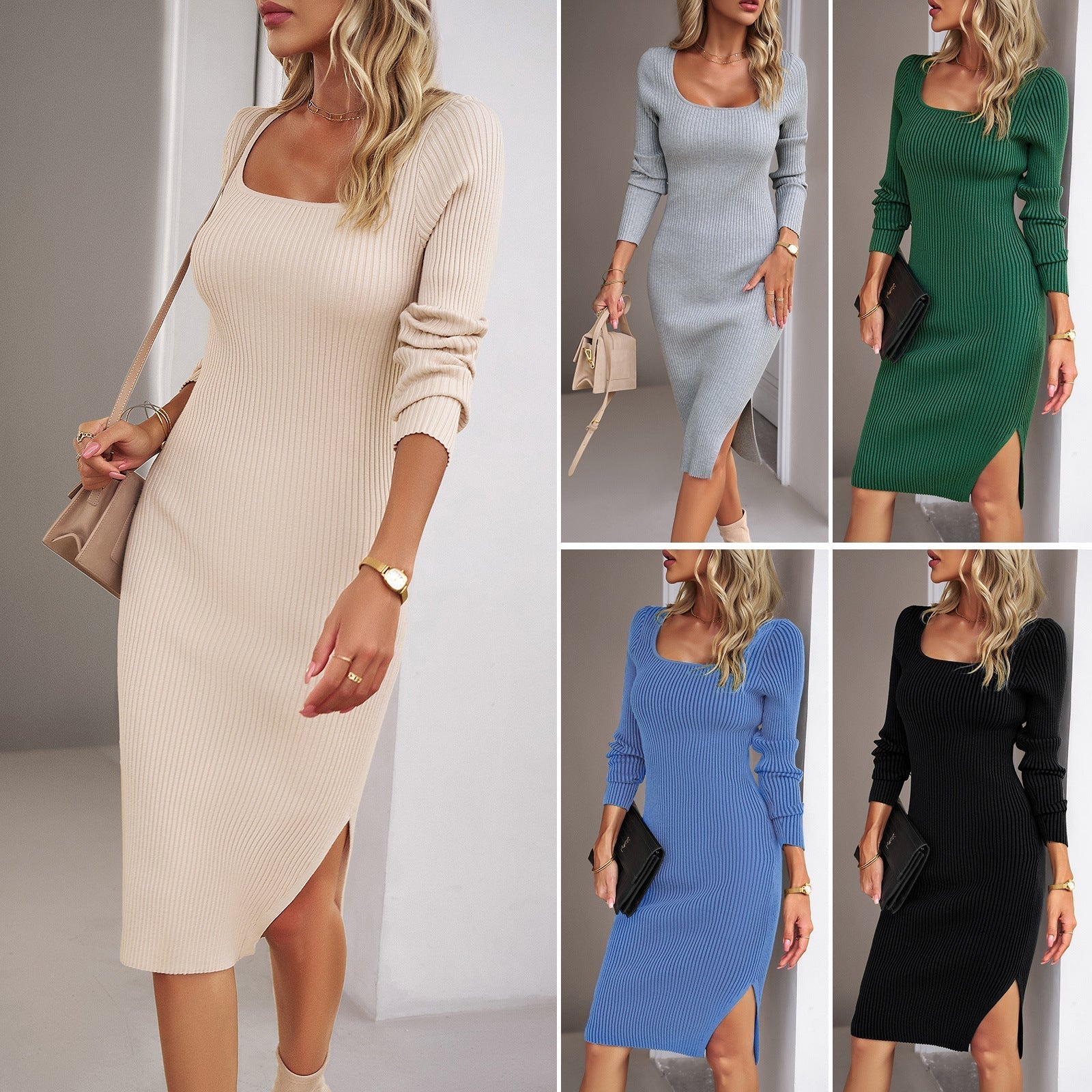 Women's figure-hugging knit dress with wide flared sleeves, size