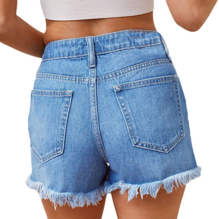 Women's denim shorts with distressed details and frayed hem, size Valenzora