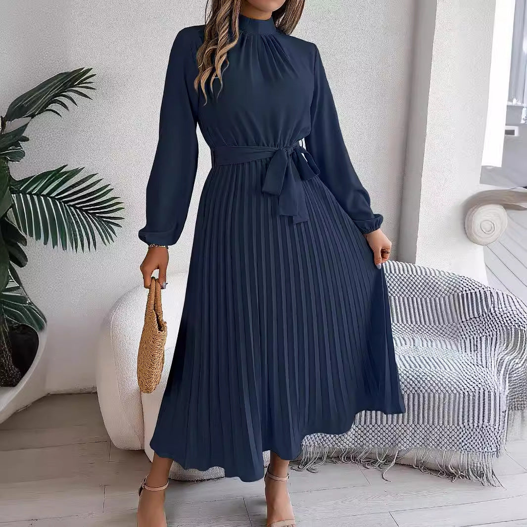 Valenzora | Elegant stand-up collar tailored pleated long skirt little dress