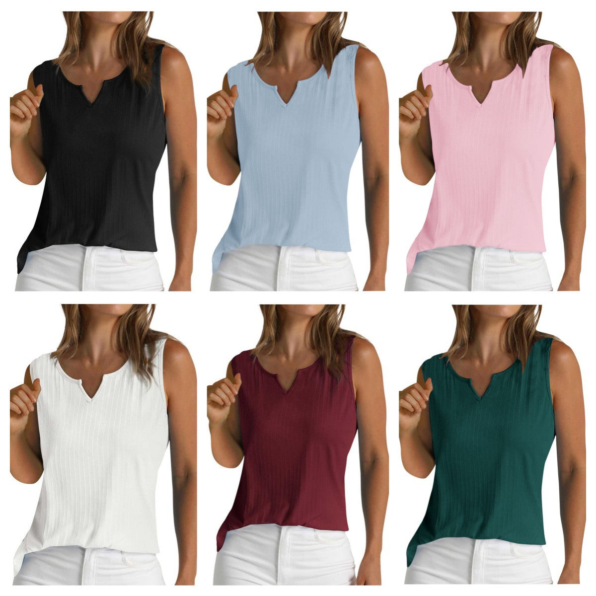 Women's sleeveless top with structured V-neck and fine rib design, size Valenzora