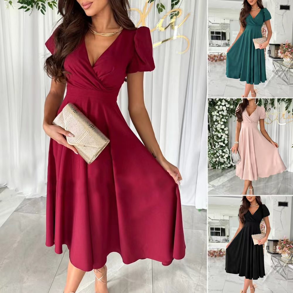 Valenzora | Stylish Commuting Solid Color V-Neck Puff Sleeve Dress