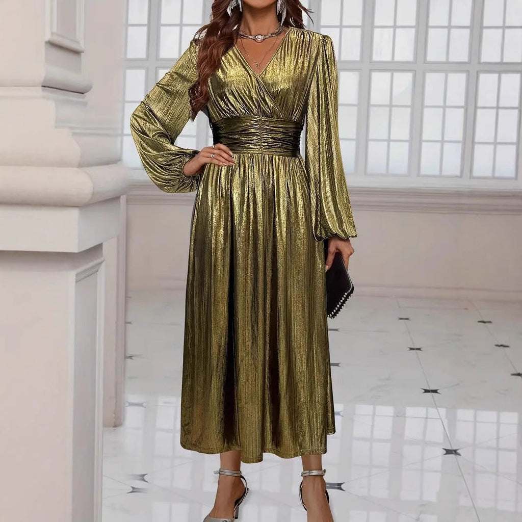 Elegantes Midikleid für Damen mit Metallic-Glanz und raffinierten Puffärmeln, Größe [size]