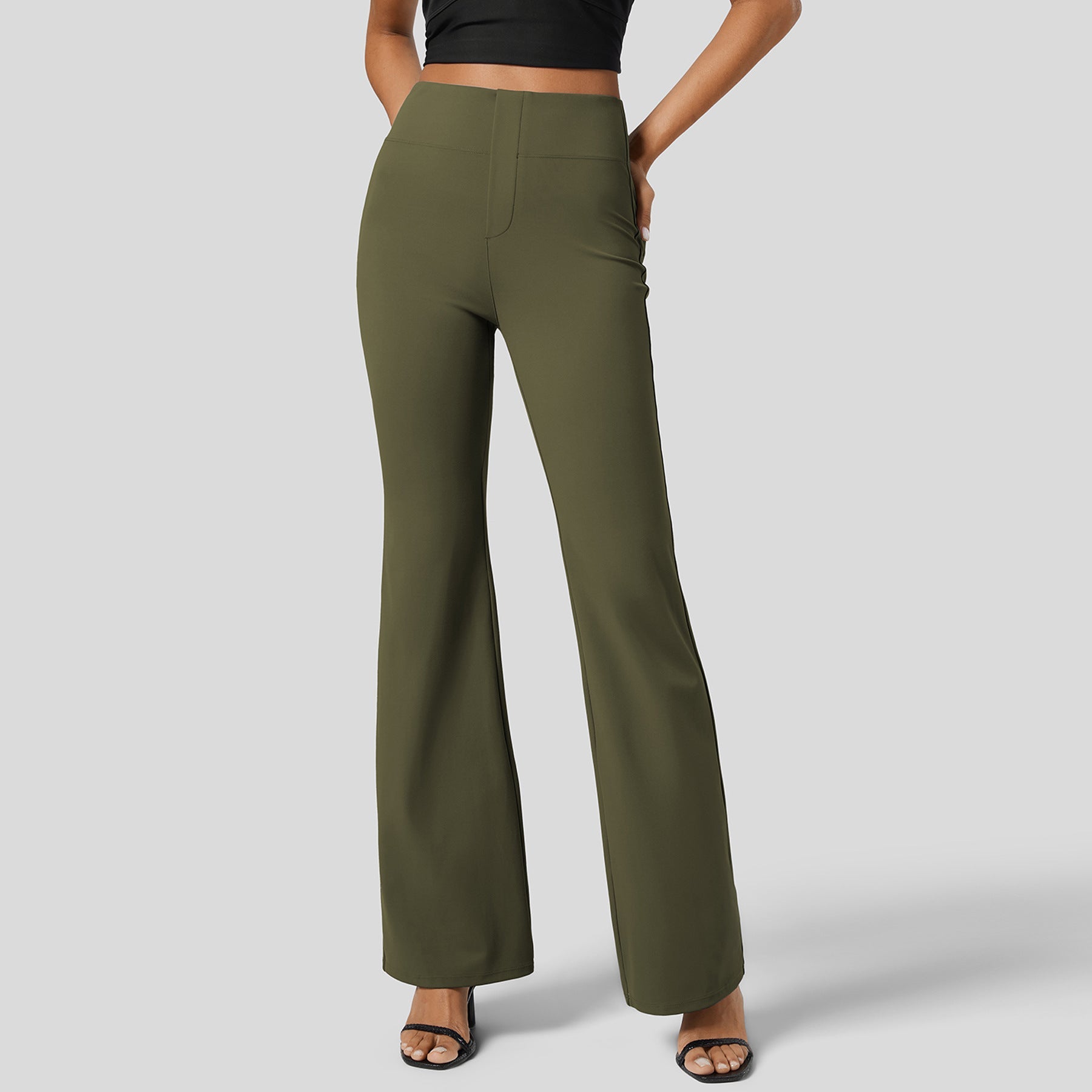 Women's high-waisted flared trousers with elasticated waistband and figure-flattering design, size S