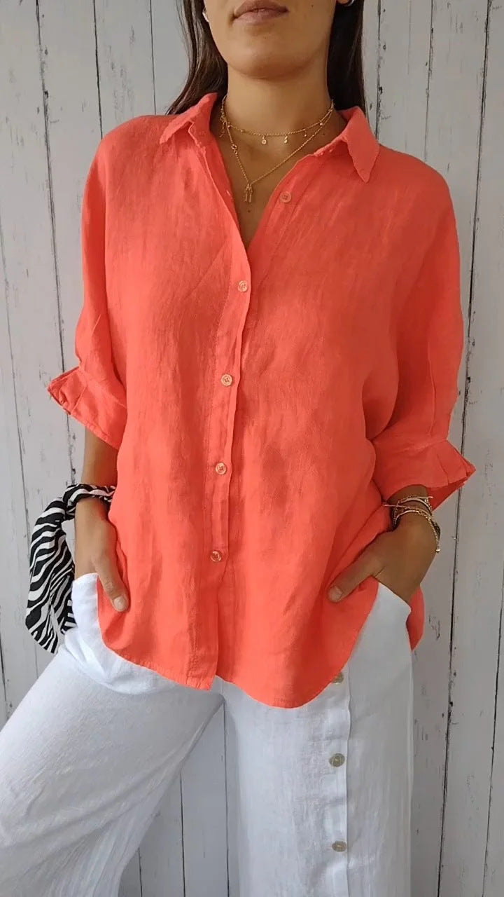 Women's casual linen blouse with button placket and side pockets, size