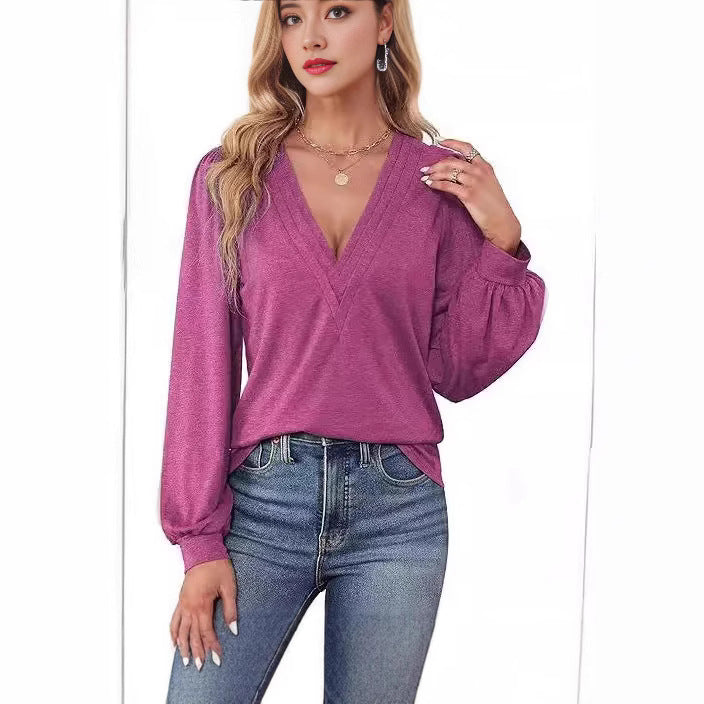 Bequemes Damen-Shirt mit V-Ausschnitt und langen Ärmeln, Größe