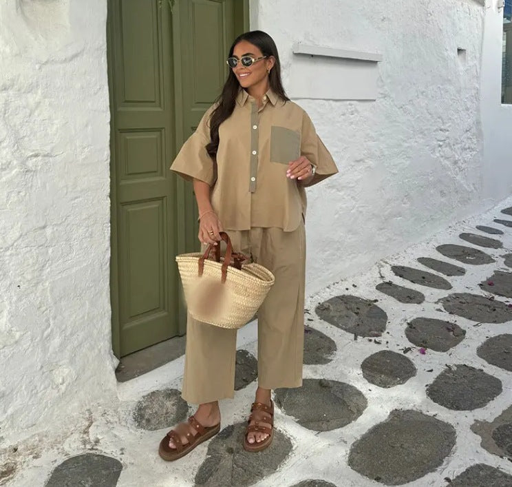 Women's casual two-piece suit with a chic shirt and wide-legged trousers, size [size missing]