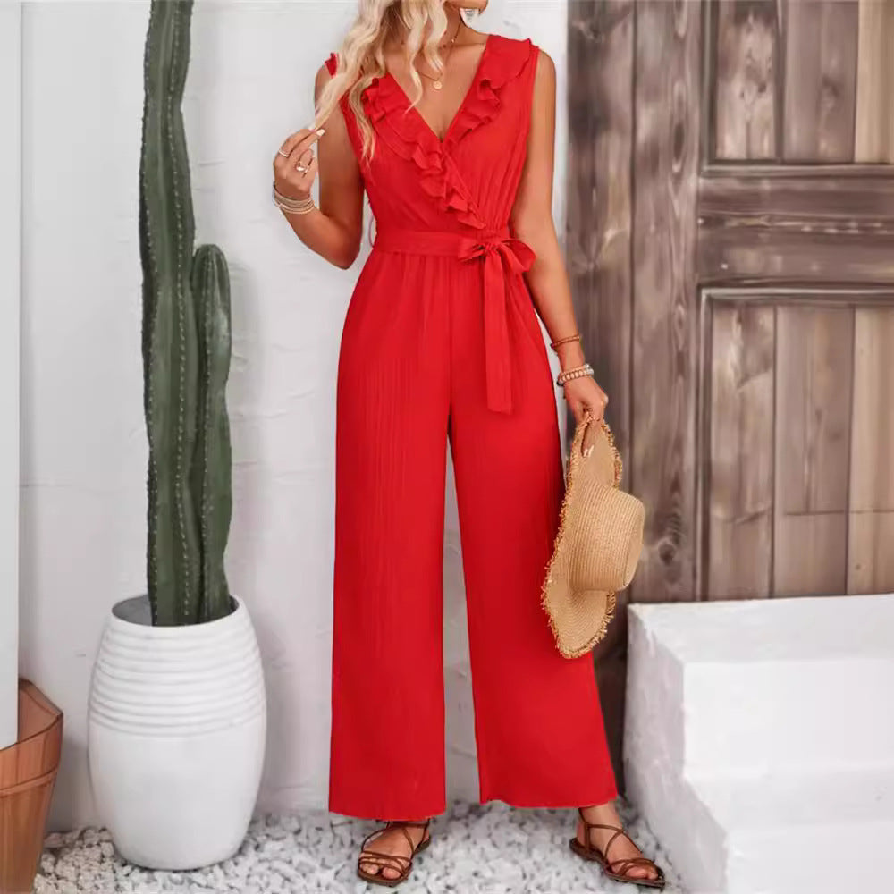 Eleganter Damen-Jumpsuit mit Rüschendetails und Taillengürtel, Größe