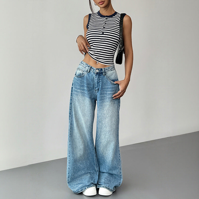 Women's sleeveless top with button placket and modern stripes, size
