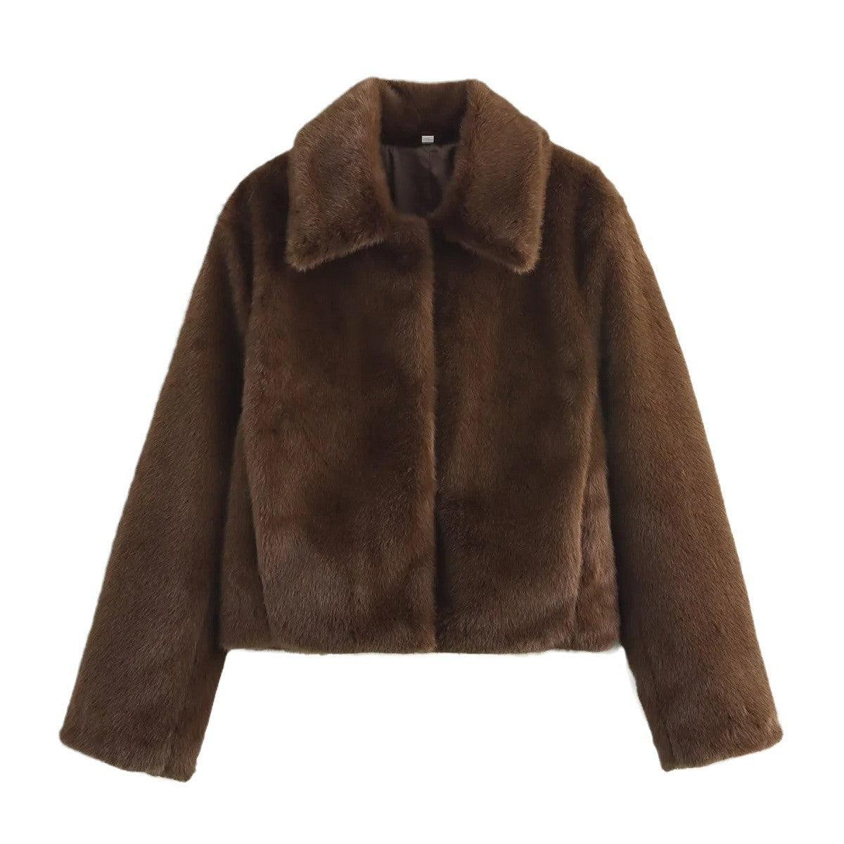 Women's faux fur jacket with classic collar and elegant silhouette, size S