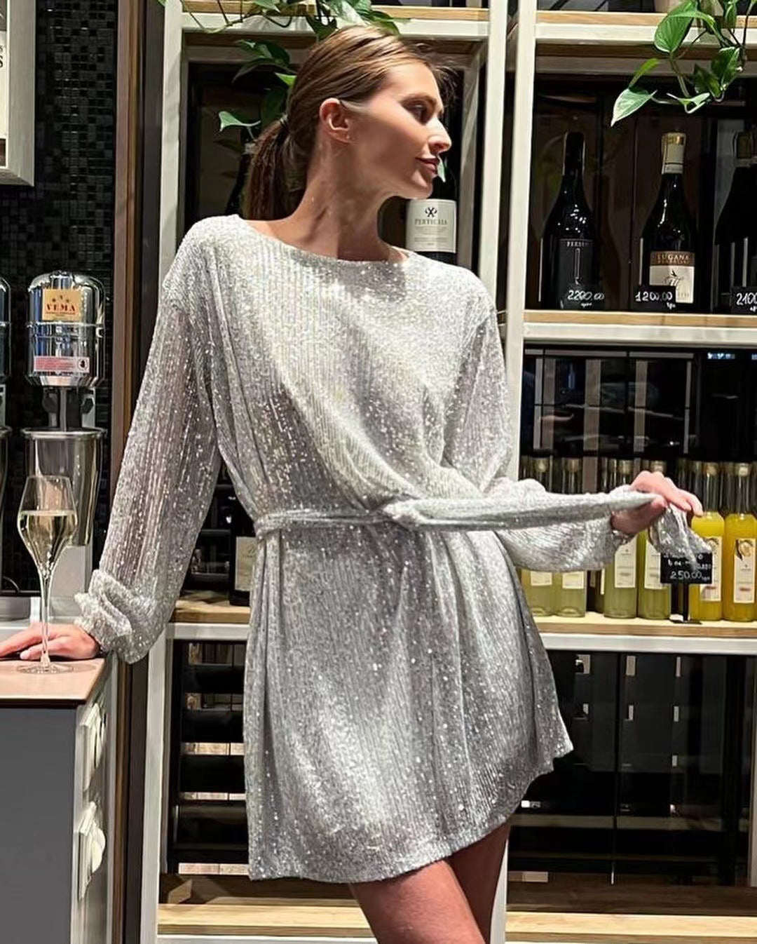 Valenzora | Holiday party wear sequined waist belt dress