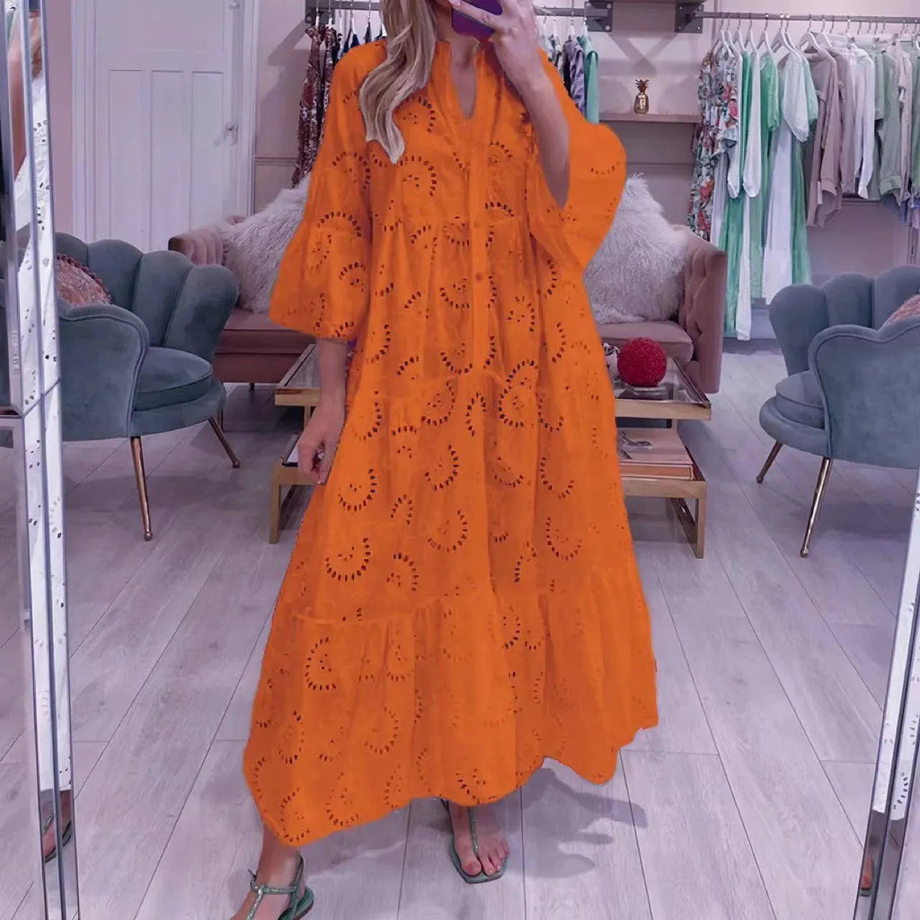 Valenzora | Women's full-length V-neck dress in French style