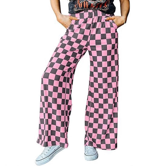 Women's checked palazzo trousers with elasticated waistband and practical side pockets, size Valenzora