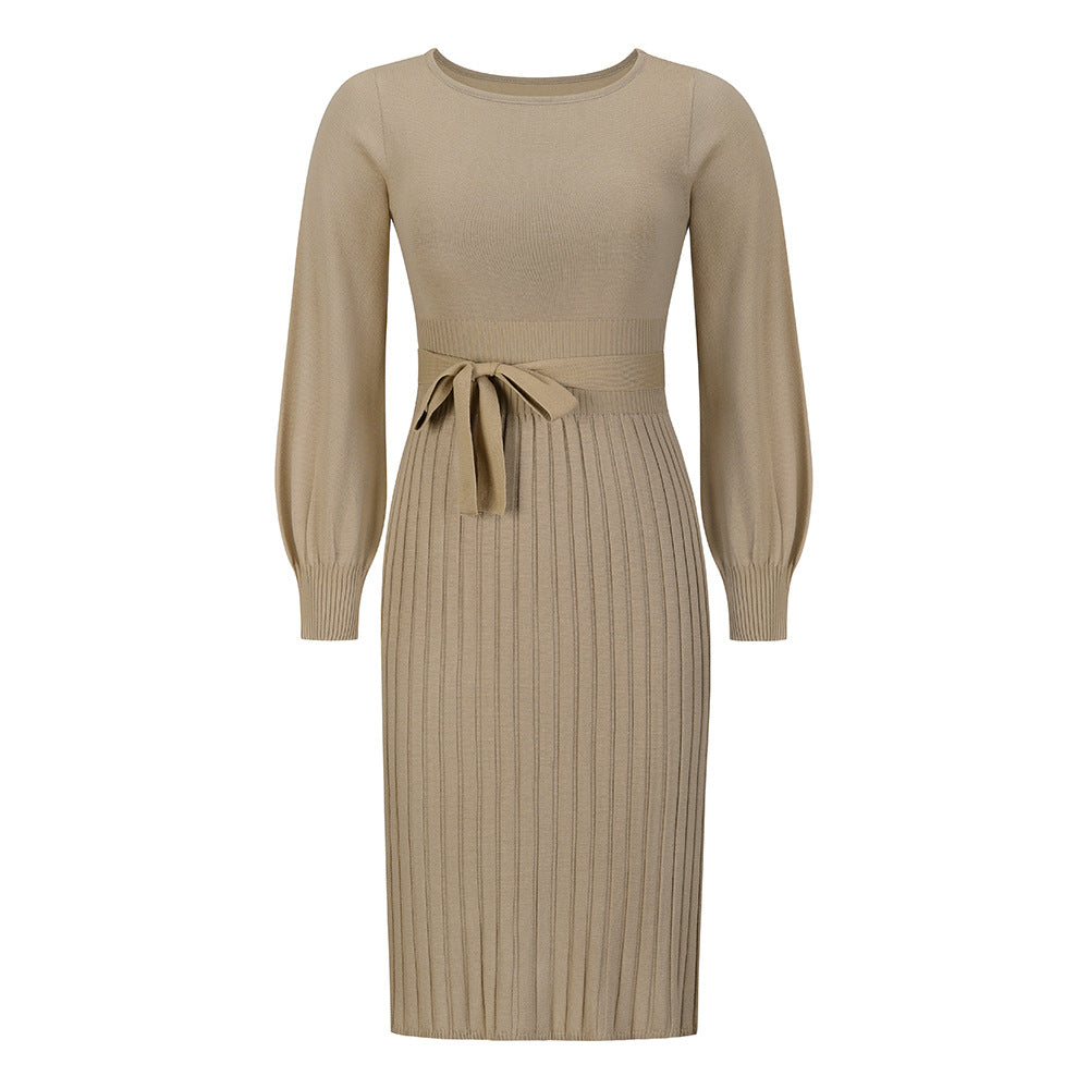 Women's knitted dress with adjustable belt and long sleeves, size