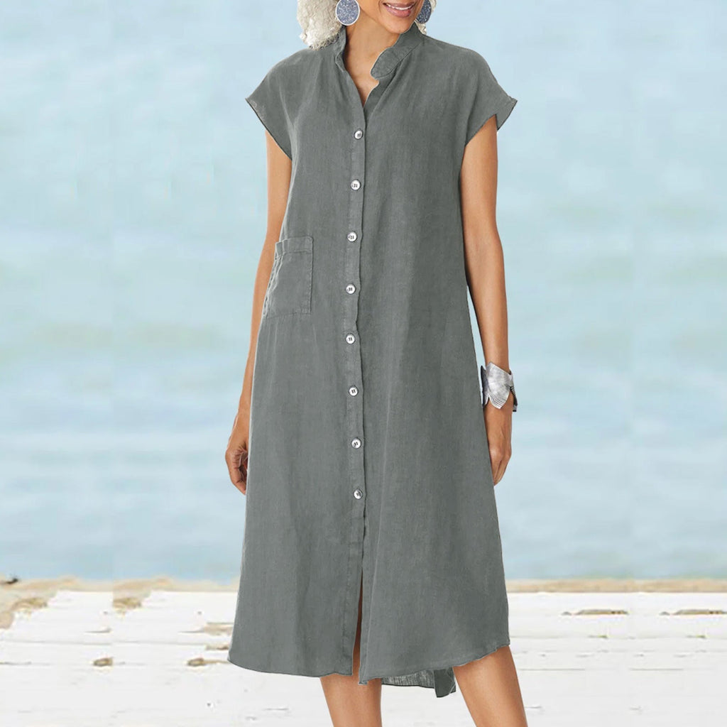 Women's midi dress with comfortable shirt collar and practical side pockets, size