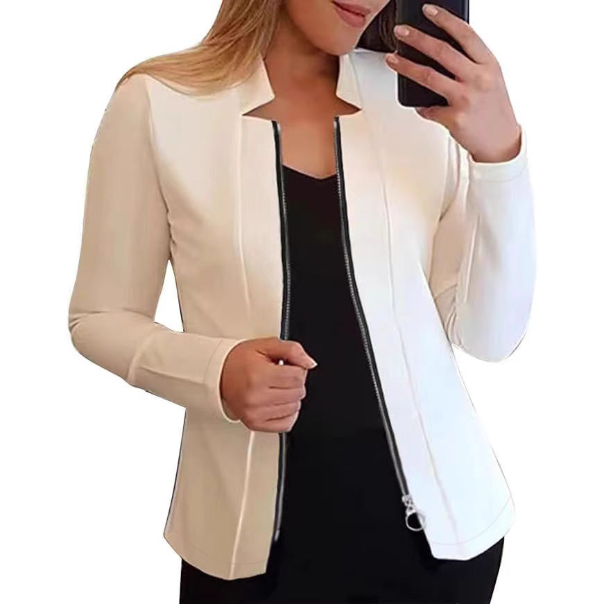 Women's fashionable and elegant biker jacket with a figure-hugging cut and high collar, size [size missing]